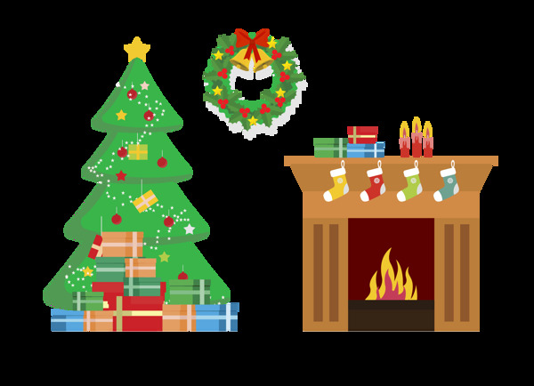 卡通圣诞节圣诞树袜子火炉png元素