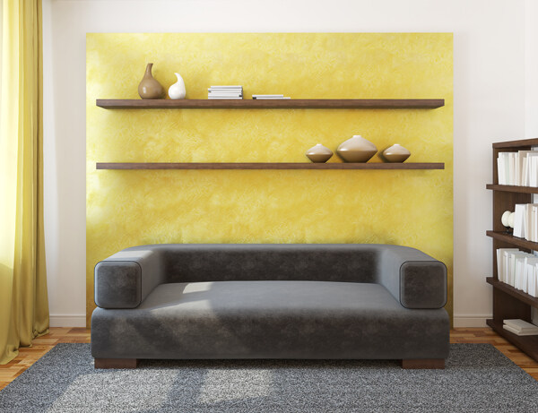 黄色装饰墙壁和沙发