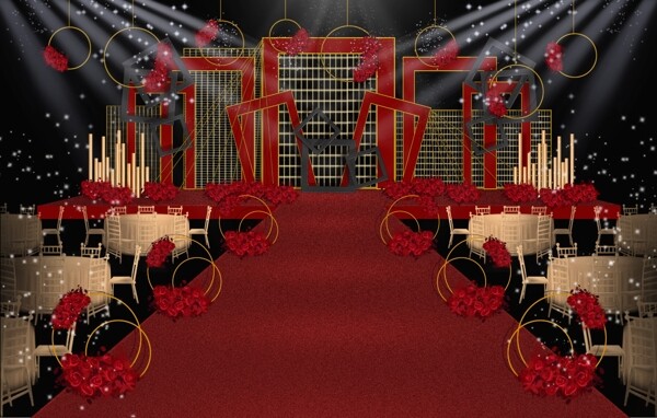 红金色系创意几何婚礼舞台效果图