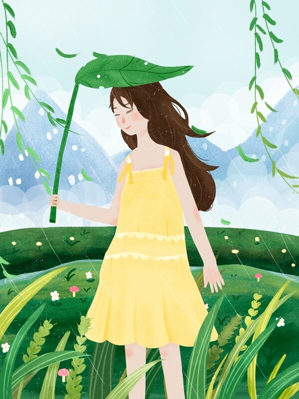 春分谷雨女孩在稻田里