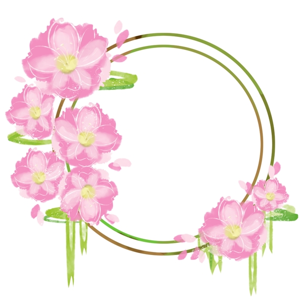 水彩樱花春天圆形花环缎带边框