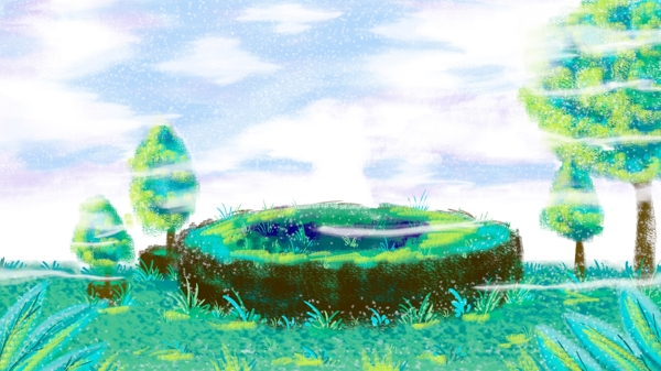 彩绘绿草地大树背景素材