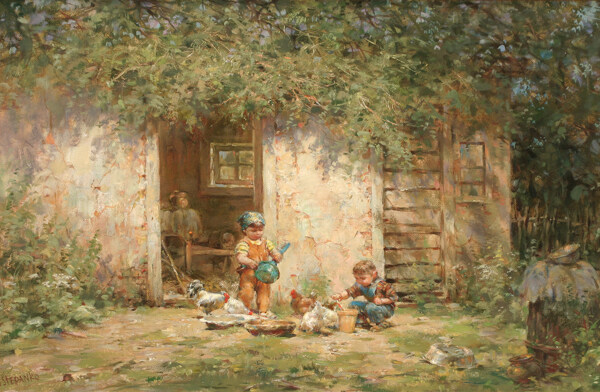 破旧房屋前喂鸡的小男孩油画图片