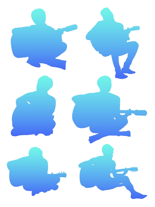 蓝色渐变坐着弹吉他的男生人物剪影元素合集