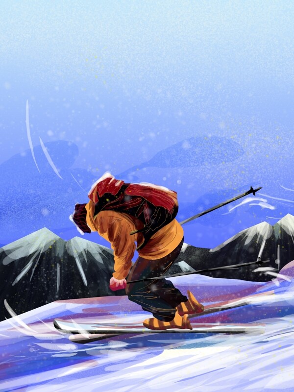 冬日在雪地山峰滑雪翱翔的人商业插画