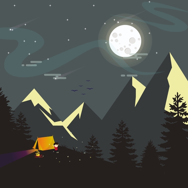 晚上的山山水画月光帐篷装饰免费矢量图标