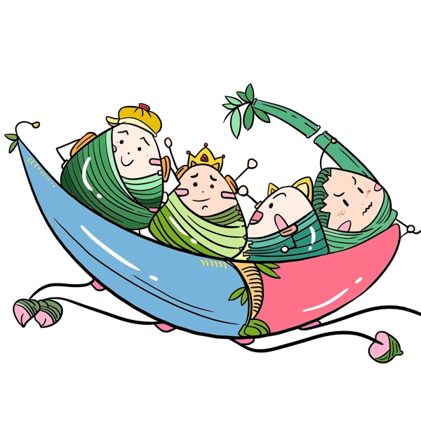 端午节卡通手绘插画风彩色粽子船