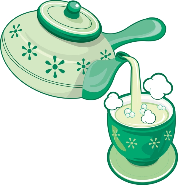清新绿色茶壶水杯矢量元素
