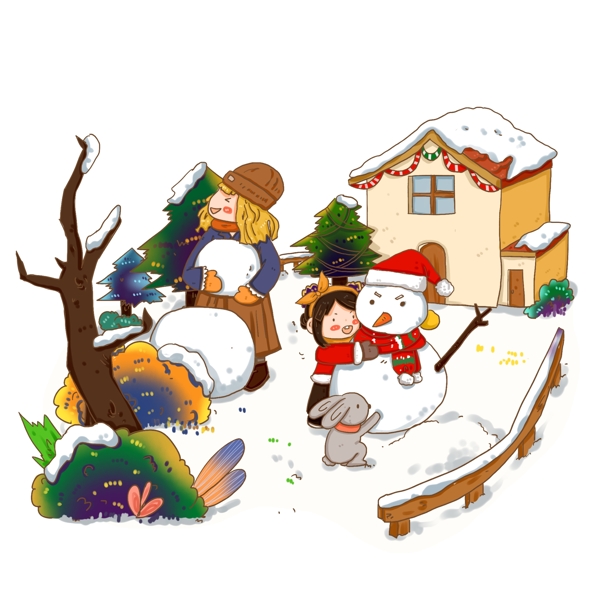 圣诞节院子里堆雪人的小女孩雪景免抠元素