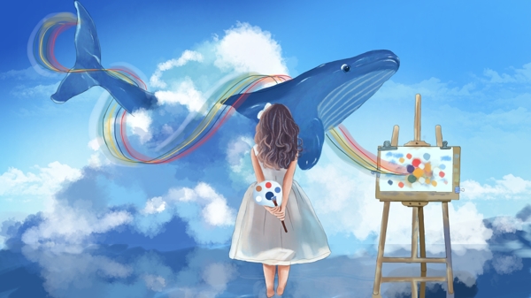 女孩与画板海蓝时见鲸蓝色插画