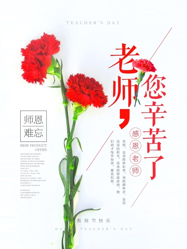 唯美简约康乃馨老师您辛苦了教师节节日海报