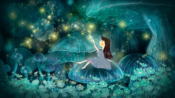 眺望天空的女孩蘑菇树星星梦游仙境