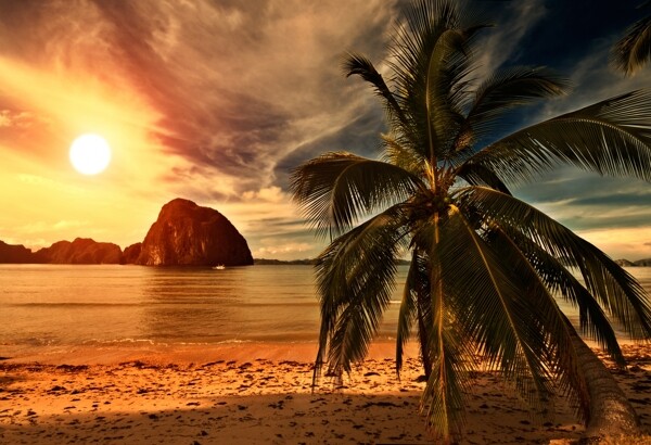 沙滩夕阳景色图片