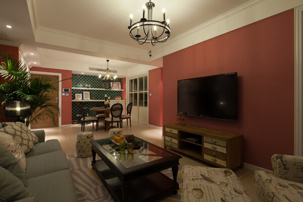 时尚室内客厅红色电视背景墙效果图