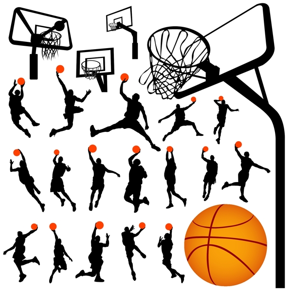 篮球运动人物剪影和局域网的篮球架