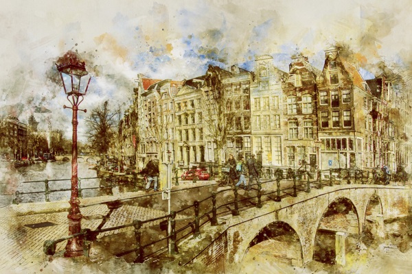欧洲城市建筑桥梁风光绘画