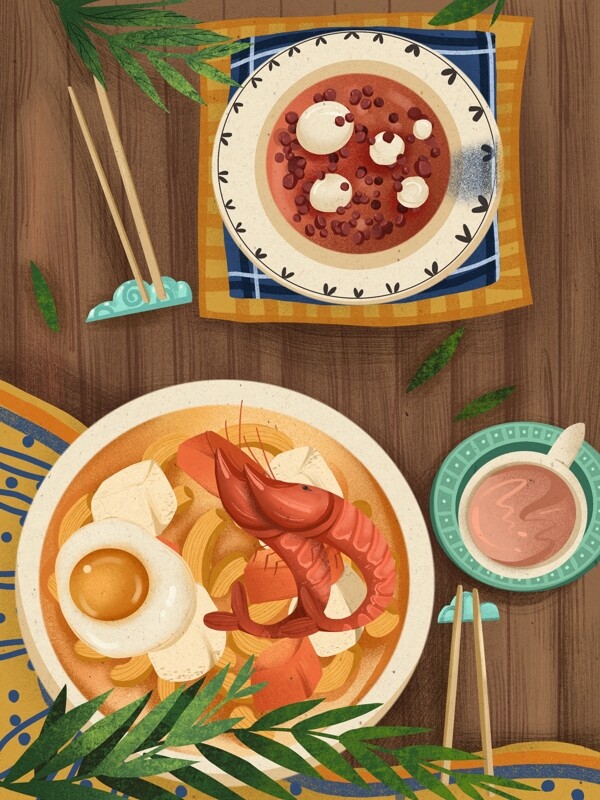 冬季美食红豆年糕和海鲜面ins风插画