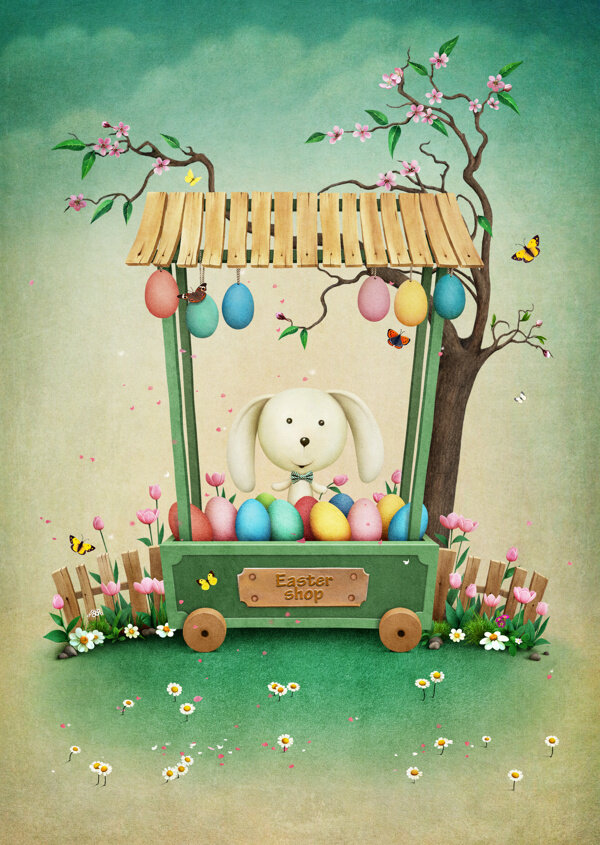 售卖复活节彩蛋的兔子插画高清图