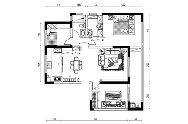 CAD三居室户型平面布置图