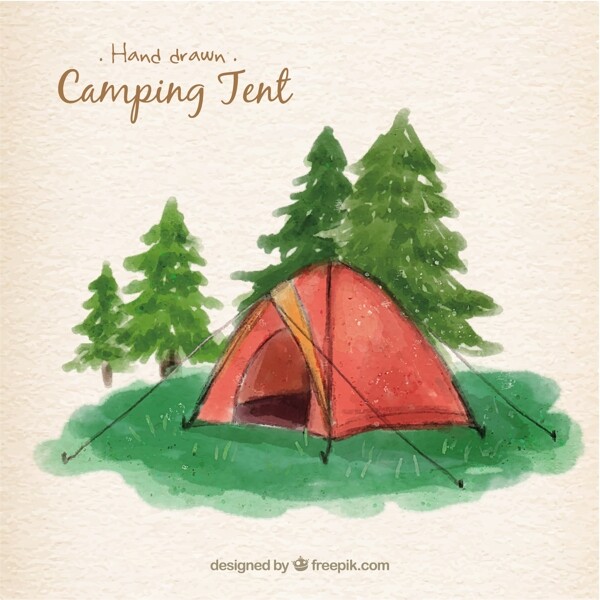 水彩画在风景中的红色野营帐篷
