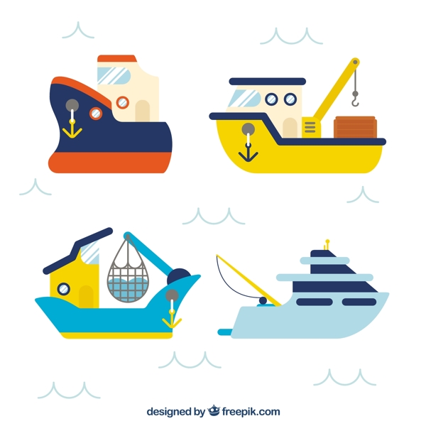 手绘四个渔船图标设计素材