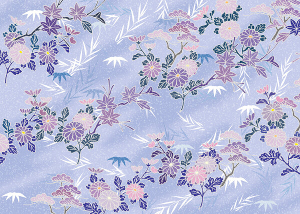 日式紫色菊花竹叶底纹图片