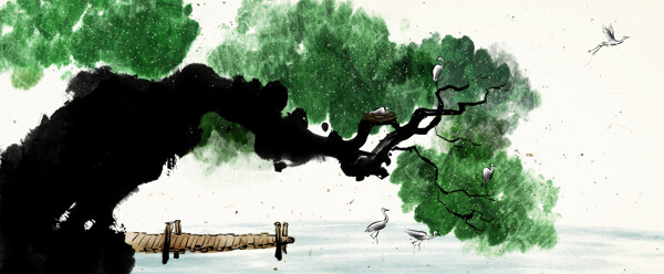 河岸仙鹤图图片