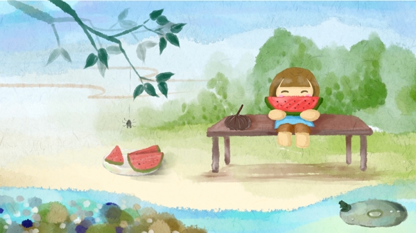 水彩立夏夏天女孩小河边吃西瓜悠闲原创插画