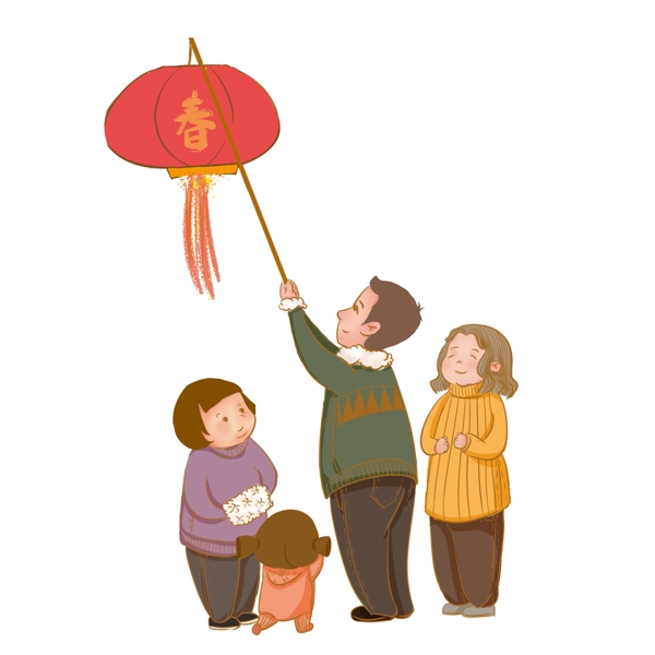 春节一家人挂灯笼