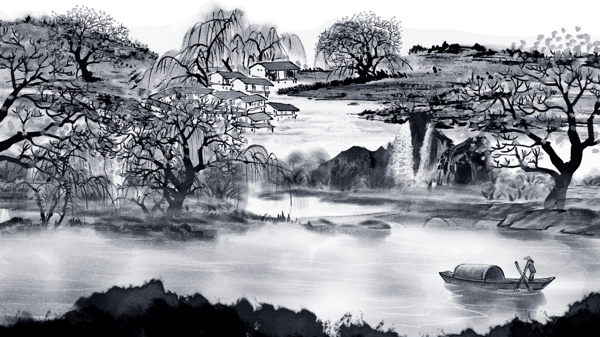 水墨中国风湖泊背景设计