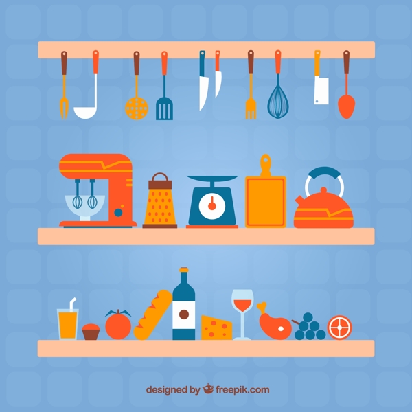 彩色架子上的厨具和食物矢量图图片