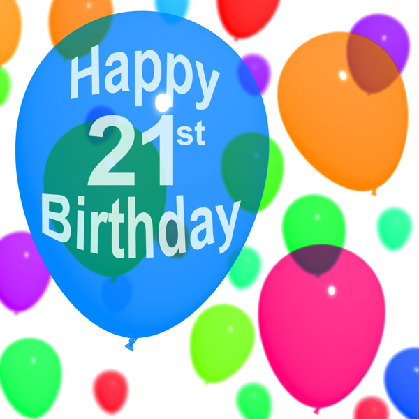 五彩的气球庆祝一个第二十一或二十的第一个生日
