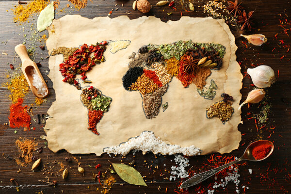 香料拼成的世界地图图片