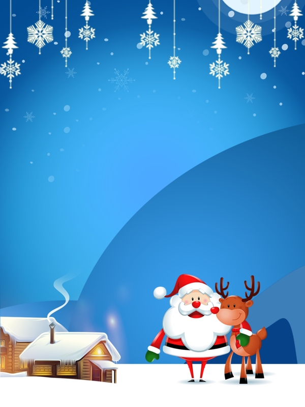 圣诞节背景蓝色圣诞节雪花麋鹿小房子