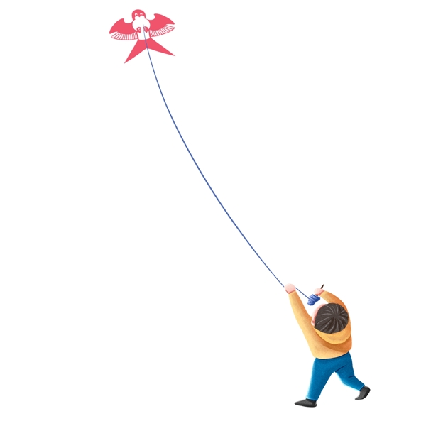 卡通手绘春天放风筝的男孩儿