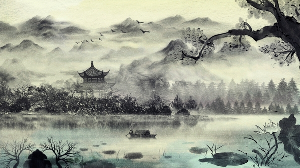复古中国水墨画古风风景画唯美中国水墨插画