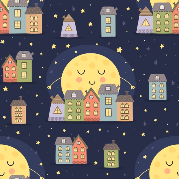 月亮和房屋晚安挂画卡通动物矢量