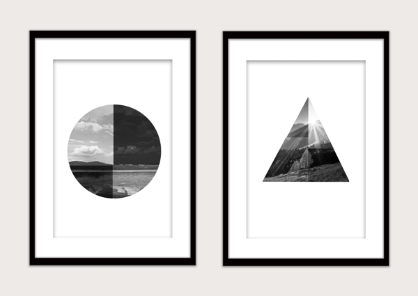 黑白三角形圆形几何风景双拼装饰画