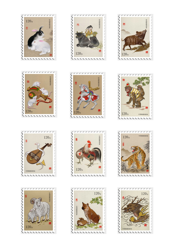 12生肖刺绣图案邮票矢量素材