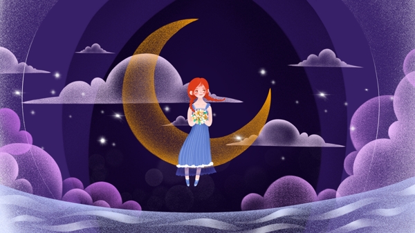 晚安你好月亮上的女孩插画