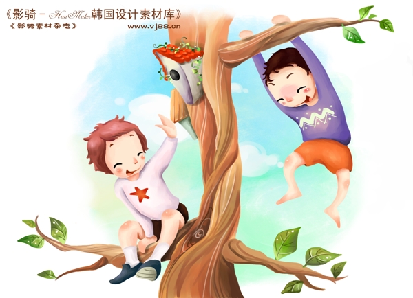 HanMaker韩国设计素材库背景卡通漫画可爱人物孩子男孩玩耍爬树儿童