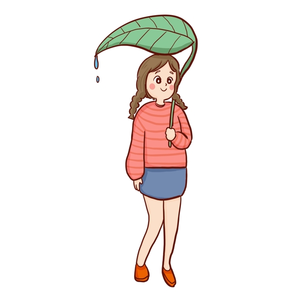 卡通手绘撑着树叶伞的小女孩