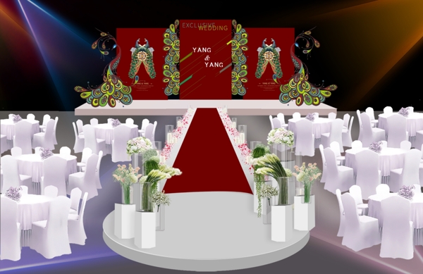 红色新中式婚礼舞台孔雀
