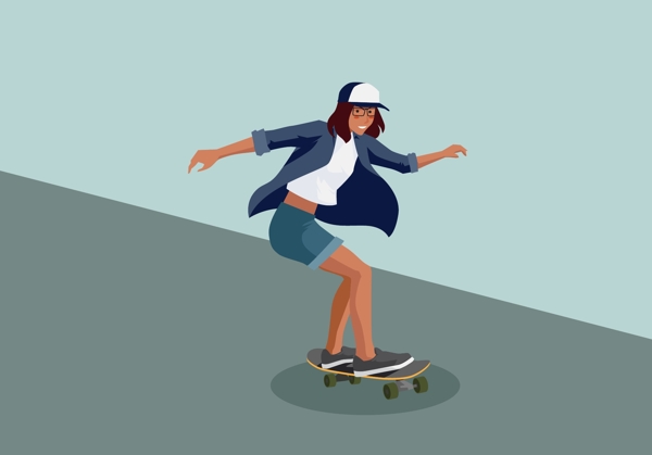 手绘戴帽子的女孩在玩滑板插画