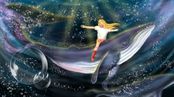 治愈系鲸鱼与女孩唯美插画海底气泡光芒