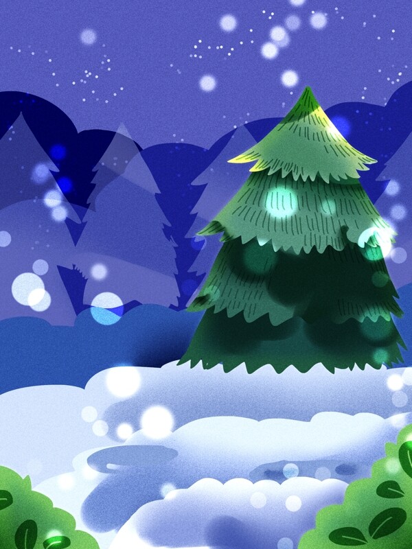 圣诞节手绘森林雪景背景素材