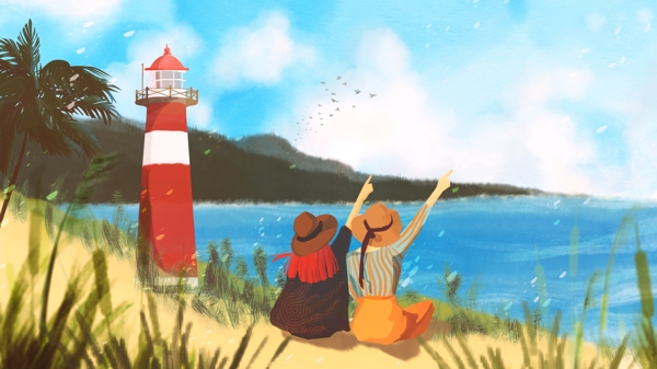 夏日旅行海岸线灯塔女孩手绘插画