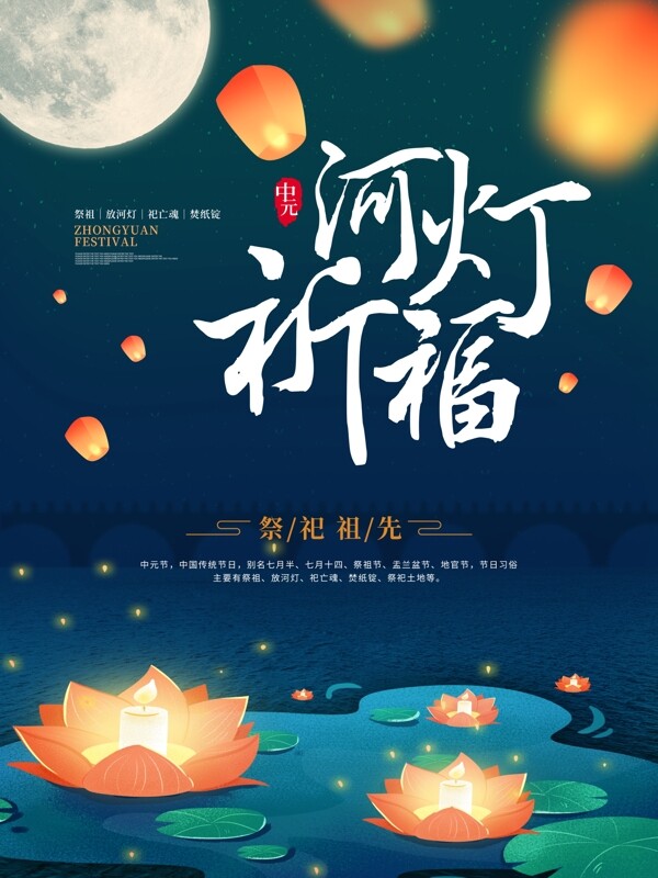 卡通河灯中元节节日海报