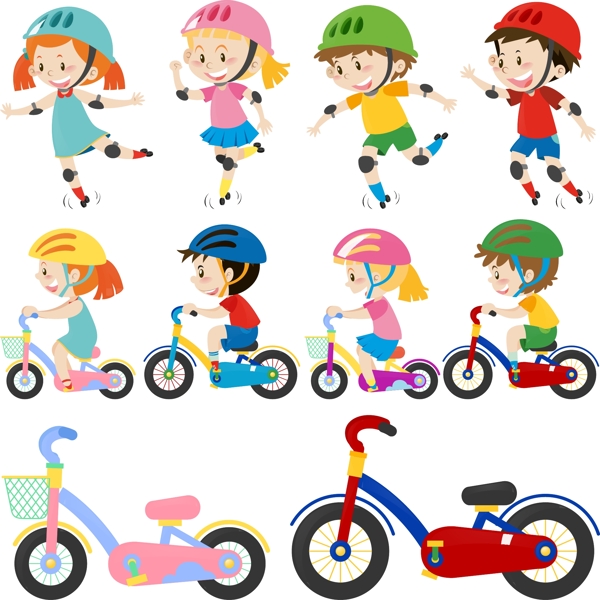 卡通儿童节骑车滑轮的孩子
