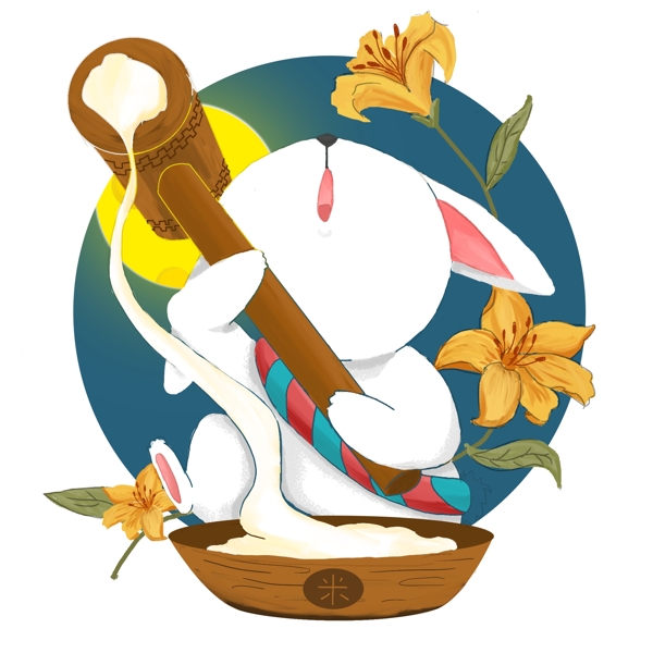 中秋节玉兔插画设计原创商用中秋兔子捣米商用手绘元素